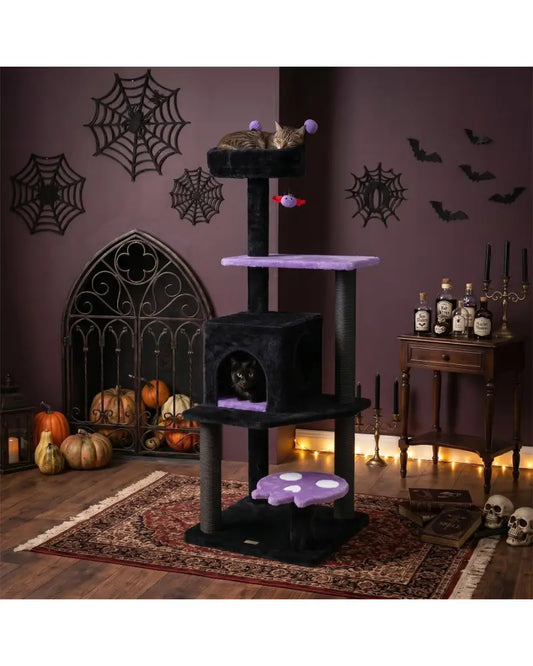 57’’ Spooky Cat Tower with Padded Perch and Spider-shaped Hanging Toy-Purple - Purple - Cat Trees Condos & Scratchers