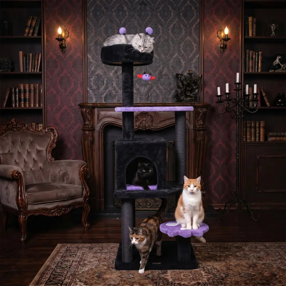 57’’ Spooky Cat Tower with Padded Perch and Spider-shaped Hanging Toy-Purple - Purple - Cat Trees Condos & Scratchers