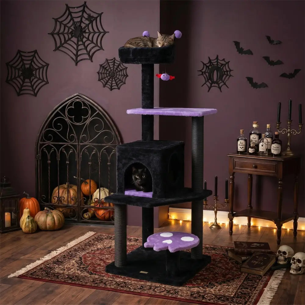 57’’ Spooky Cat Tower with Padded Perch and Spider-shaped Hanging Toy-Purple - Purple - Cat Trees Condos & Scratchers