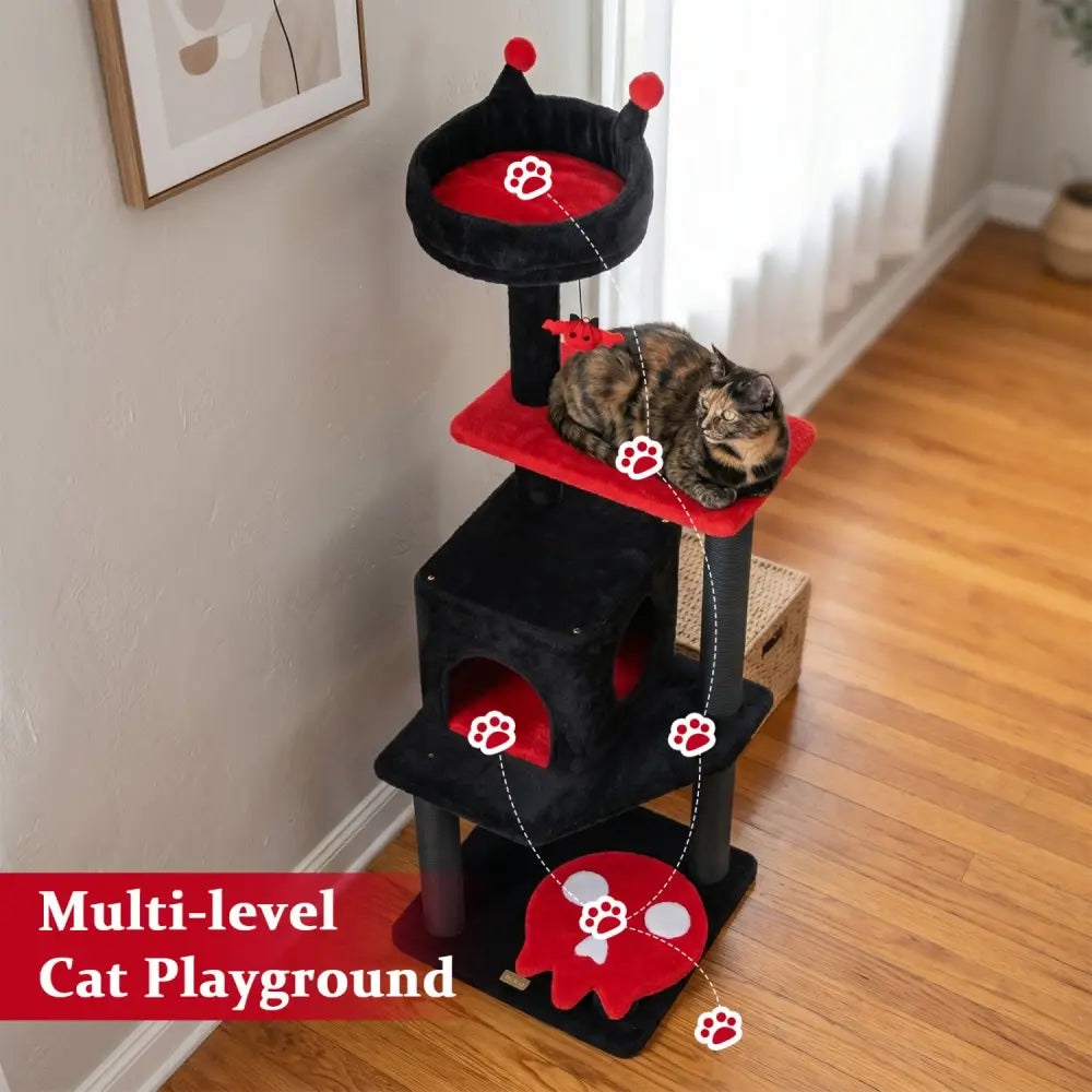 57’’ Spooky Cat Tower with Padded Perch and Spider-shaped Hanging Toy-Red - Red - Cat Trees Condos & Scratchers