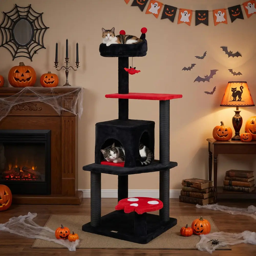 57’’ Spooky Cat Tower with Padded Perch and Spider-shaped Hanging Toy-Red - Red - Cat Trees Condos & Scratchers