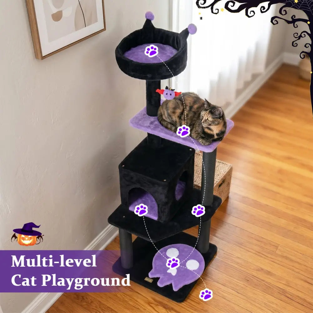 57’’ Spooky Cat Tower with Padded Perch and Spider-shaped Hanging Toy-Purple - Purple - Cat Trees Condos & Scratchers