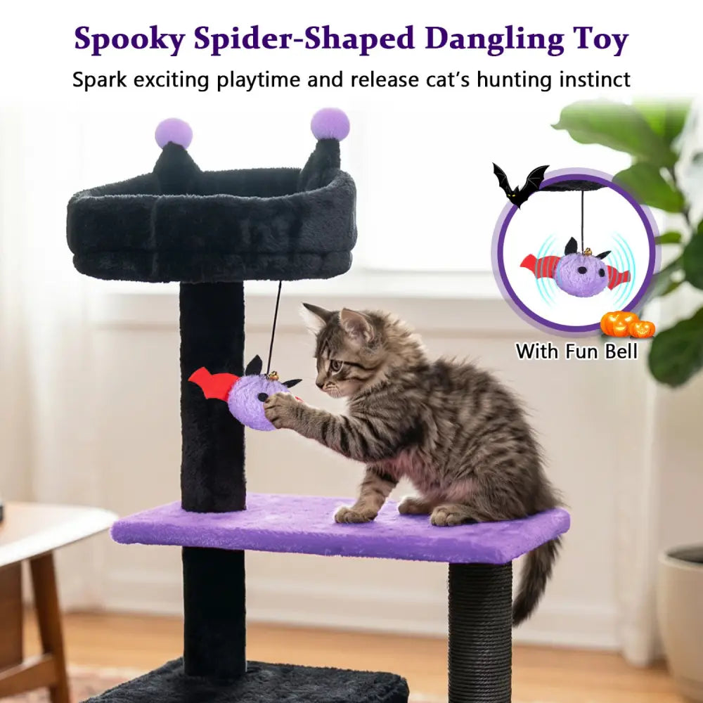 57’’ Spooky Cat Tower with Padded Perch and Spider-shaped Hanging Toy-Purple - Purple - Cat Trees Condos & Scratchers