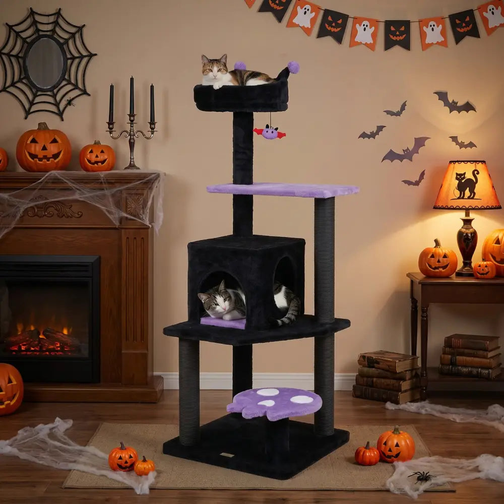 57’’ Spooky Cat Tower with Padded Perch and Spider-shaped Hanging Toy-Purple - Purple - Cat Trees Condos & Scratchers