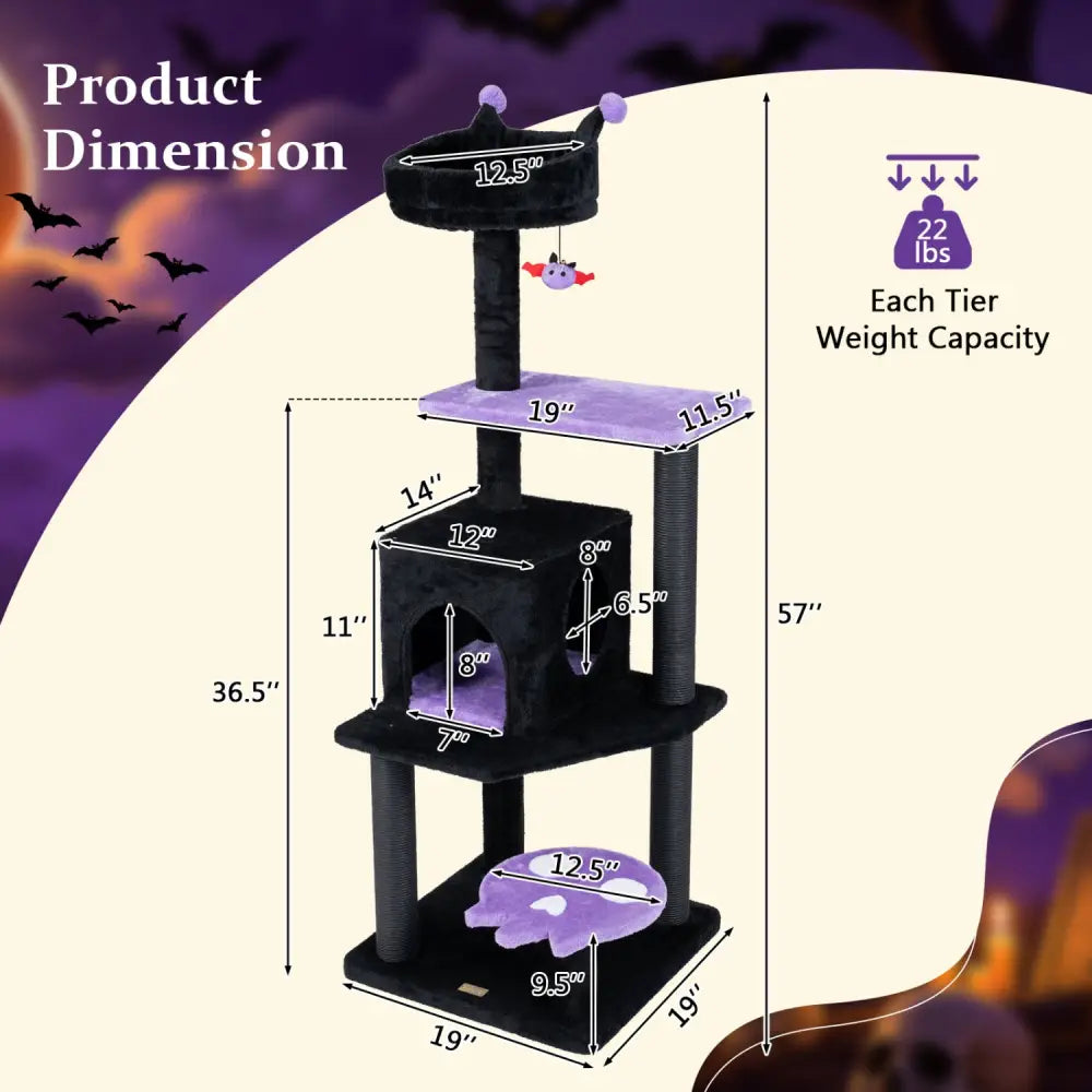57’’ Spooky Cat Tower with Padded Perch and Spider-shaped Hanging Toy-Purple - Purple - Cat Trees Condos & Scratchers