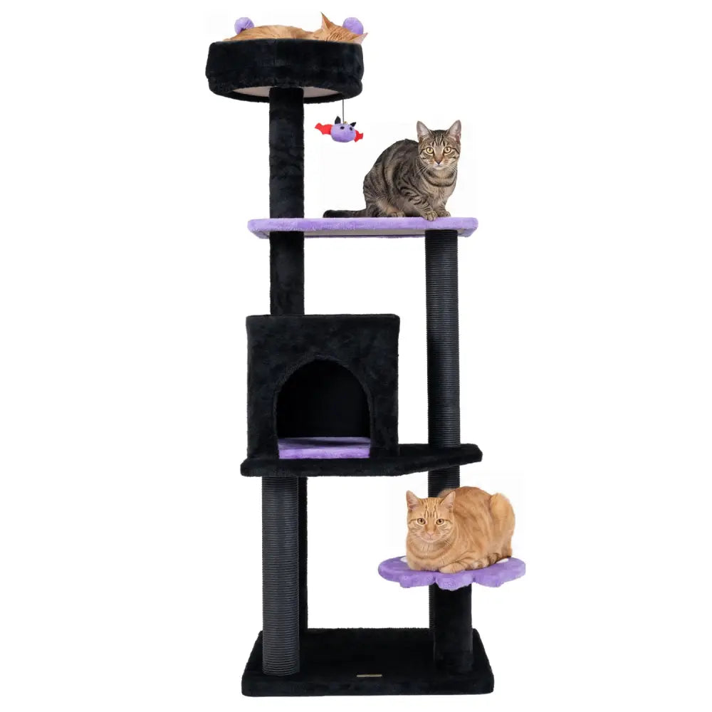 57’’ Spooky Cat Tower with Padded Perch and Spider-shaped Hanging Toy-Purple - Purple - Cat Trees Condos & Scratchers