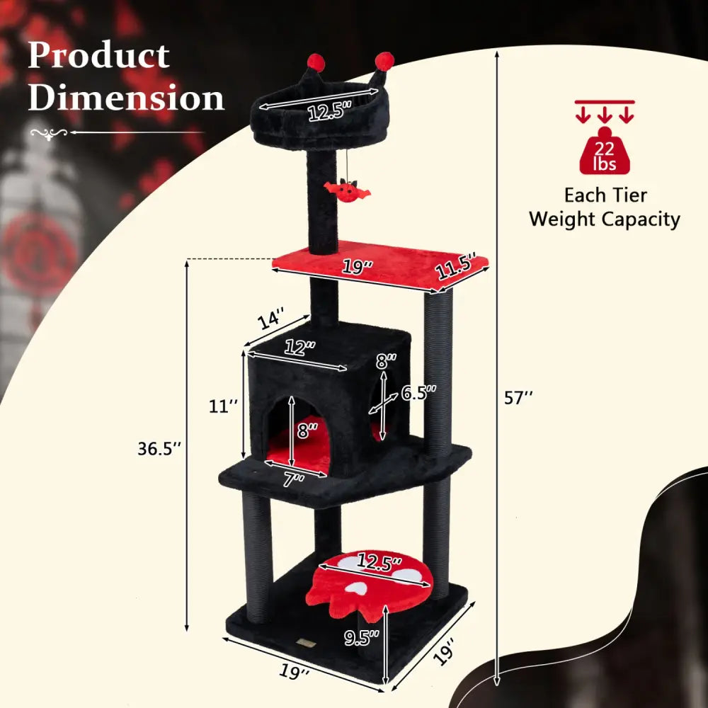 57’’ Spooky Cat Tower with Padded Perch and Spider-shaped Hanging Toy-Red - Red - Cat Trees Condos & Scratchers