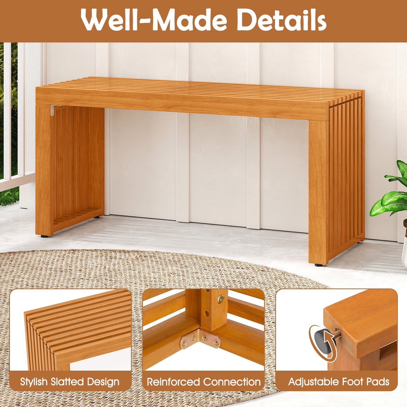 36 Inch Patio Bench All-Slat Acacia Wood Loveseat