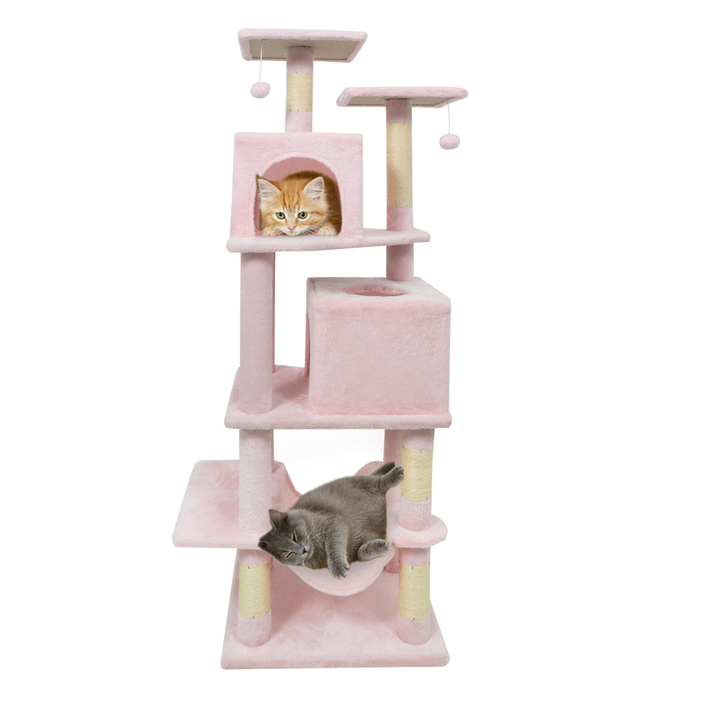 57 Inch Cat Tree with Dual Condos and Hammock and 2 Dangling Balls-Pink