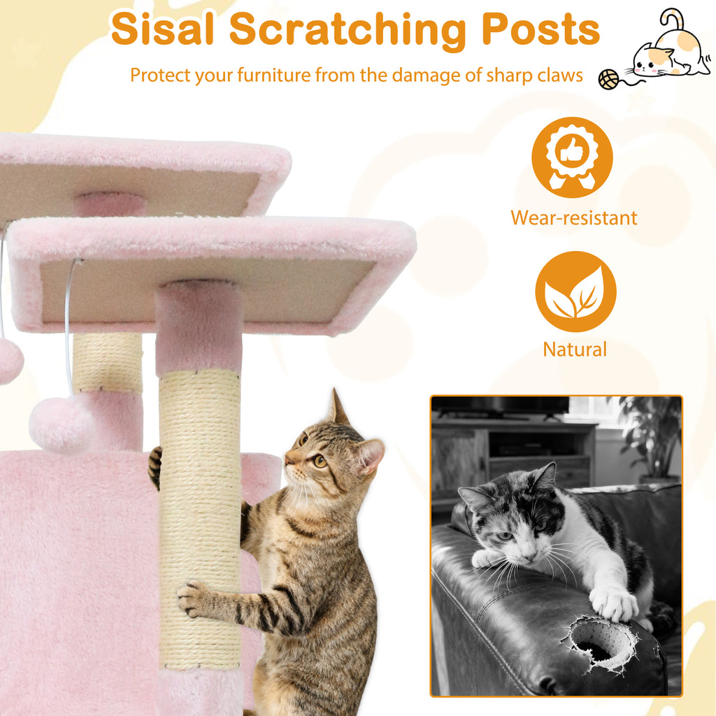 57 Inch Cat Tree with Dual Condos and Hammock and 2 Dangling Balls-Pink