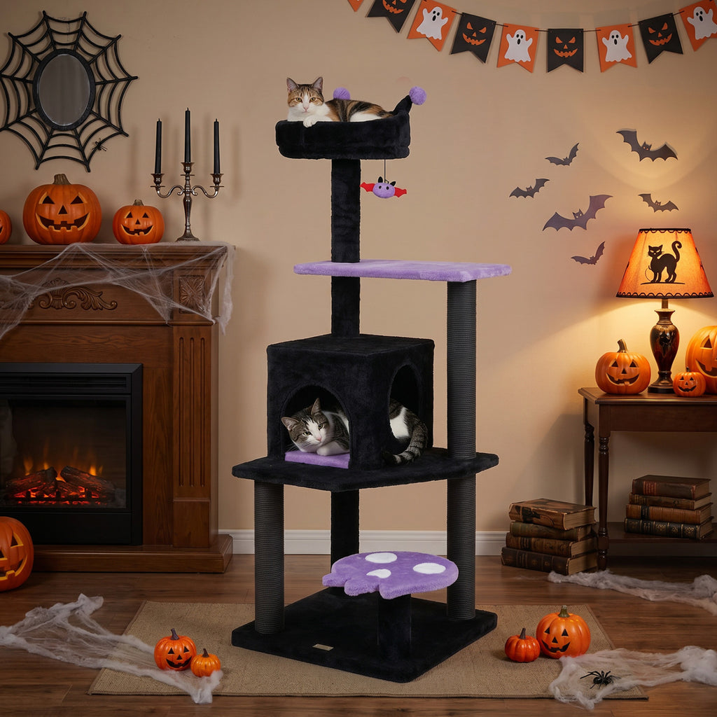 57" Spooky Cat Tower with Padded Perch and Spider-shaped Hanging Toy-Purple