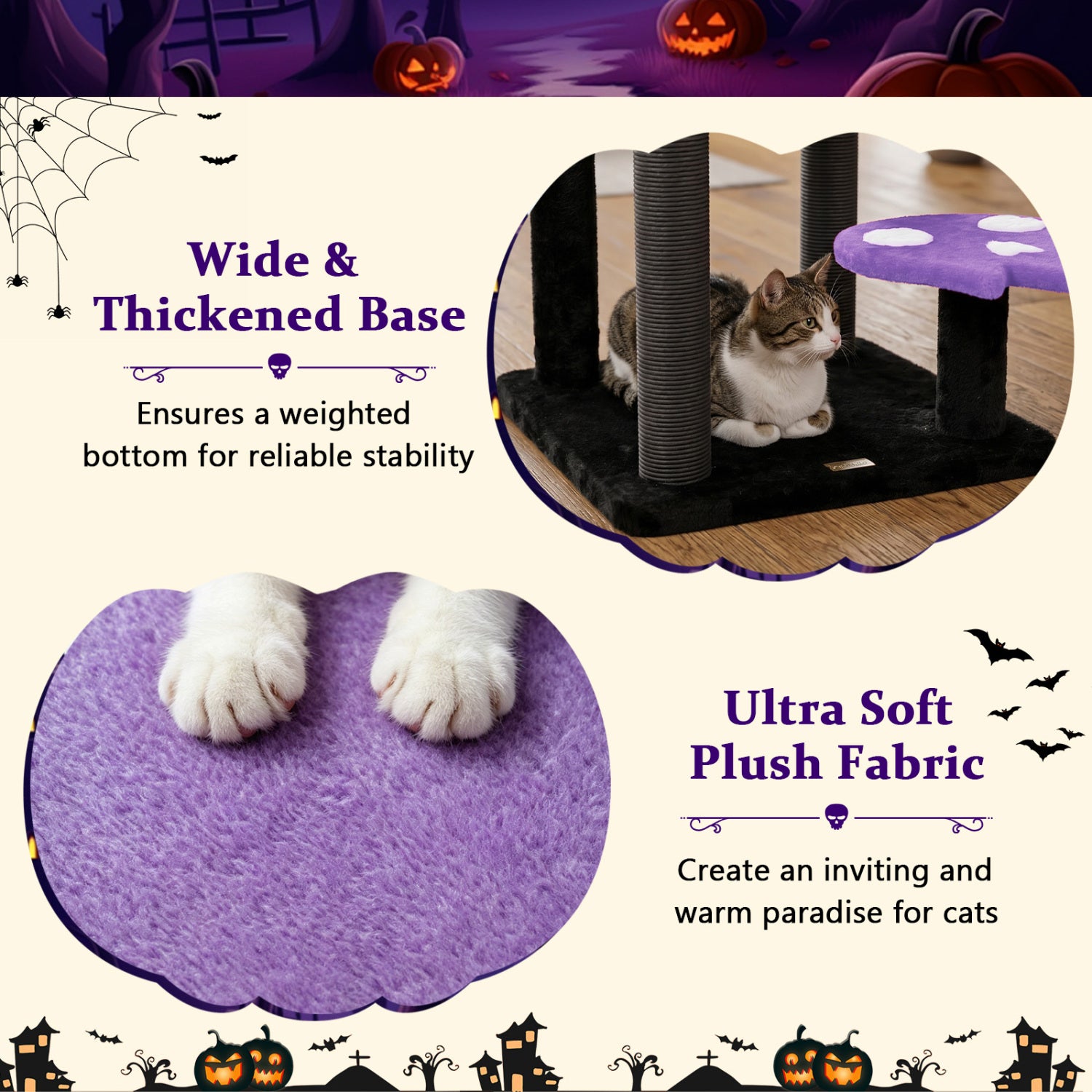 57" Spooky Cat Tower with Padded Perch and Spider-shaped Hanging Toy-Purple