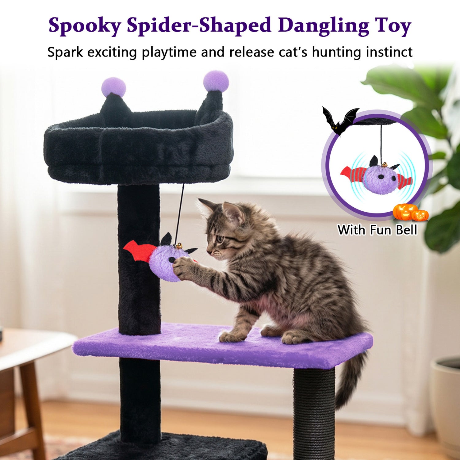 57" Spooky Cat Tower with Padded Perch and Spider-shaped Hanging Toy-Purple