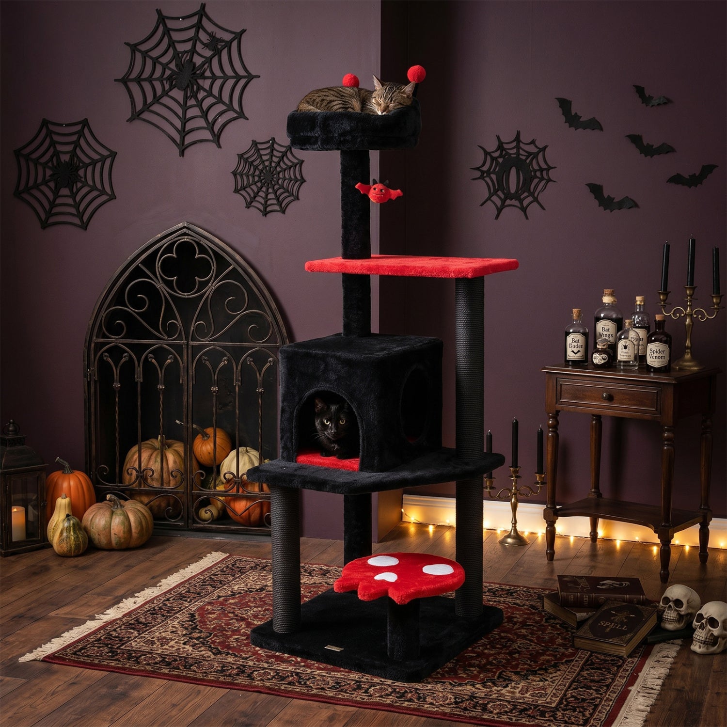 57" Spooky Cat Tower with Padded Perch and Spider-shaped Hanging Toy-Red