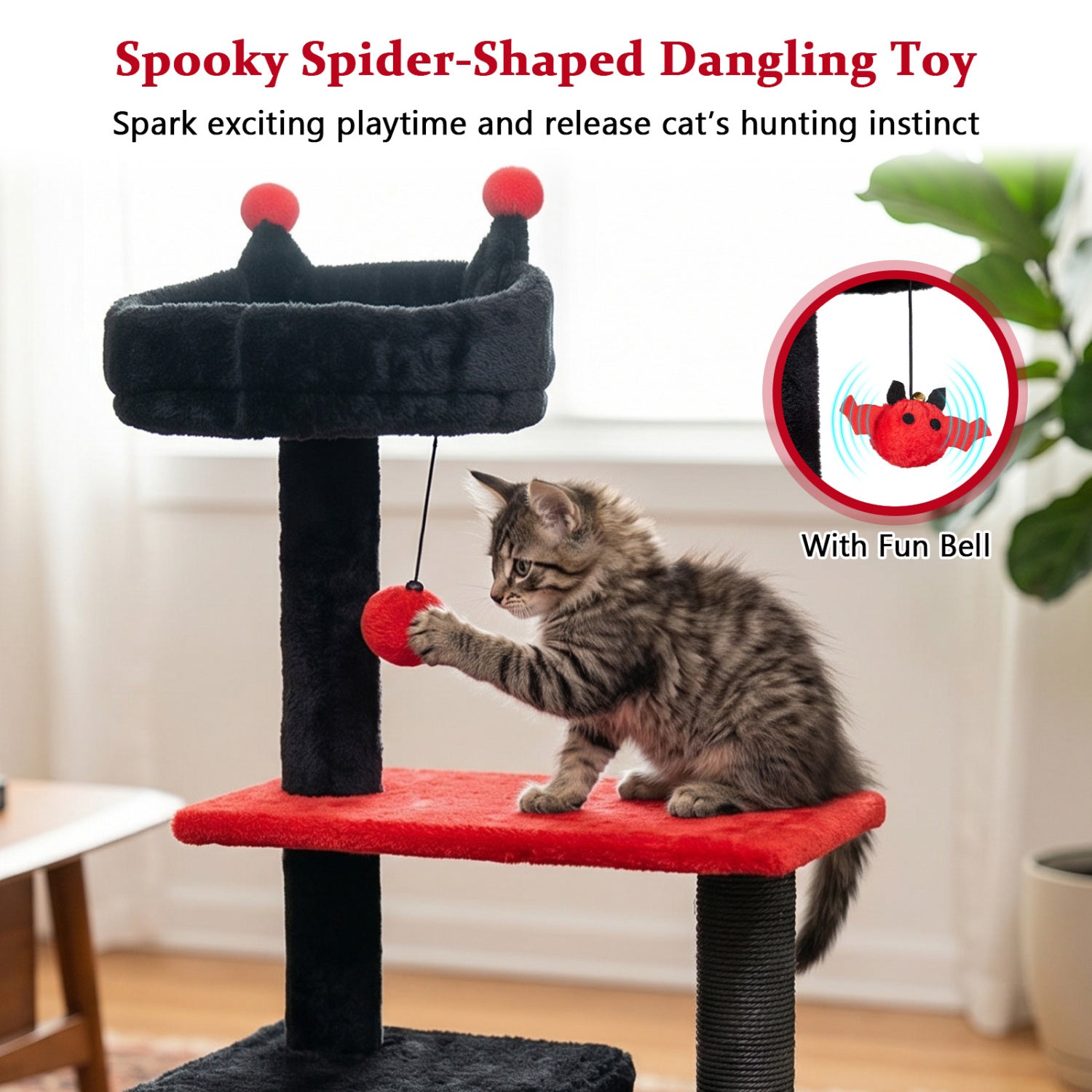 57" Spooky Cat Tower with Padded Perch and Spider-shaped Hanging Toy-Red