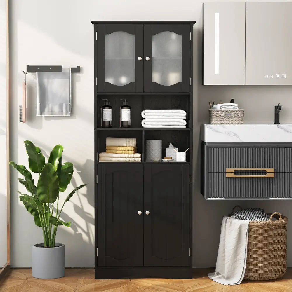 58.5 Inch Freestanding Linen Bathroom Storage Cabinet with Frost Glass Doors-Black - Black - Floor Cabinets