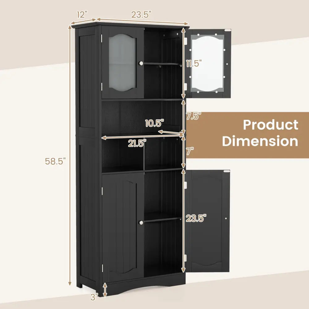 58.5 Inch Freestanding Linen Bathroom Storage Cabinet with Frost Glass Doors-Black - Black - Floor Cabinets