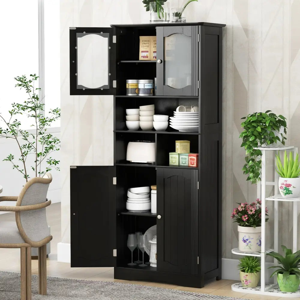 58.5 Inch Freestanding Linen Bathroom Storage Cabinet with Frost Glass Doors-Black - Black - Floor Cabinets