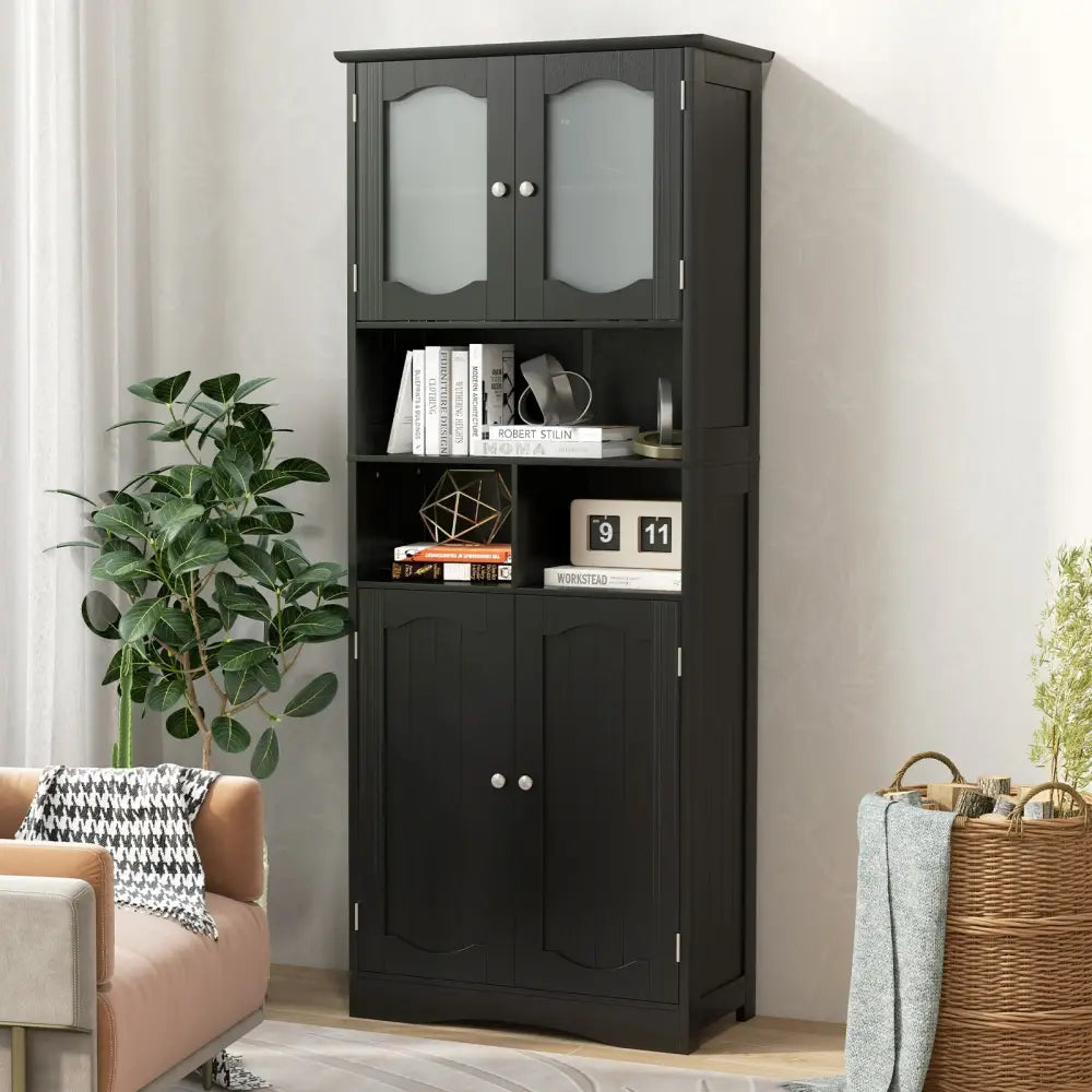 58.5 Inch Freestanding Linen Bathroom Storage Cabinet with Frost Glass Doors-Black - Black - Floor Cabinets