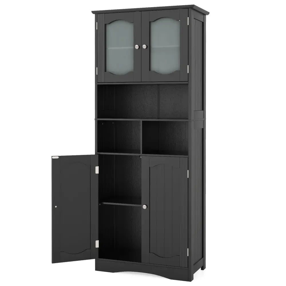 58.5 Inch Freestanding Linen Bathroom Storage Cabinet with Frost Glass Doors-Black - Black - Floor Cabinets
