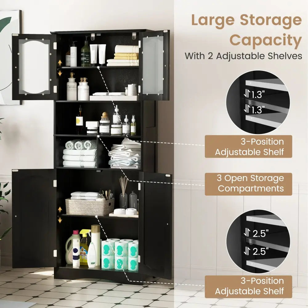 58.5 Inch Freestanding Linen Bathroom Storage Cabinet with Frost Glass Doors-Black - Black - Floor Cabinets