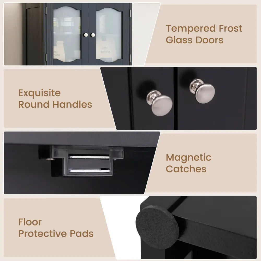 58.5 Inch Freestanding Linen Bathroom Storage Cabinet with Frost Glass Doors-Black - Black - Floor Cabinets