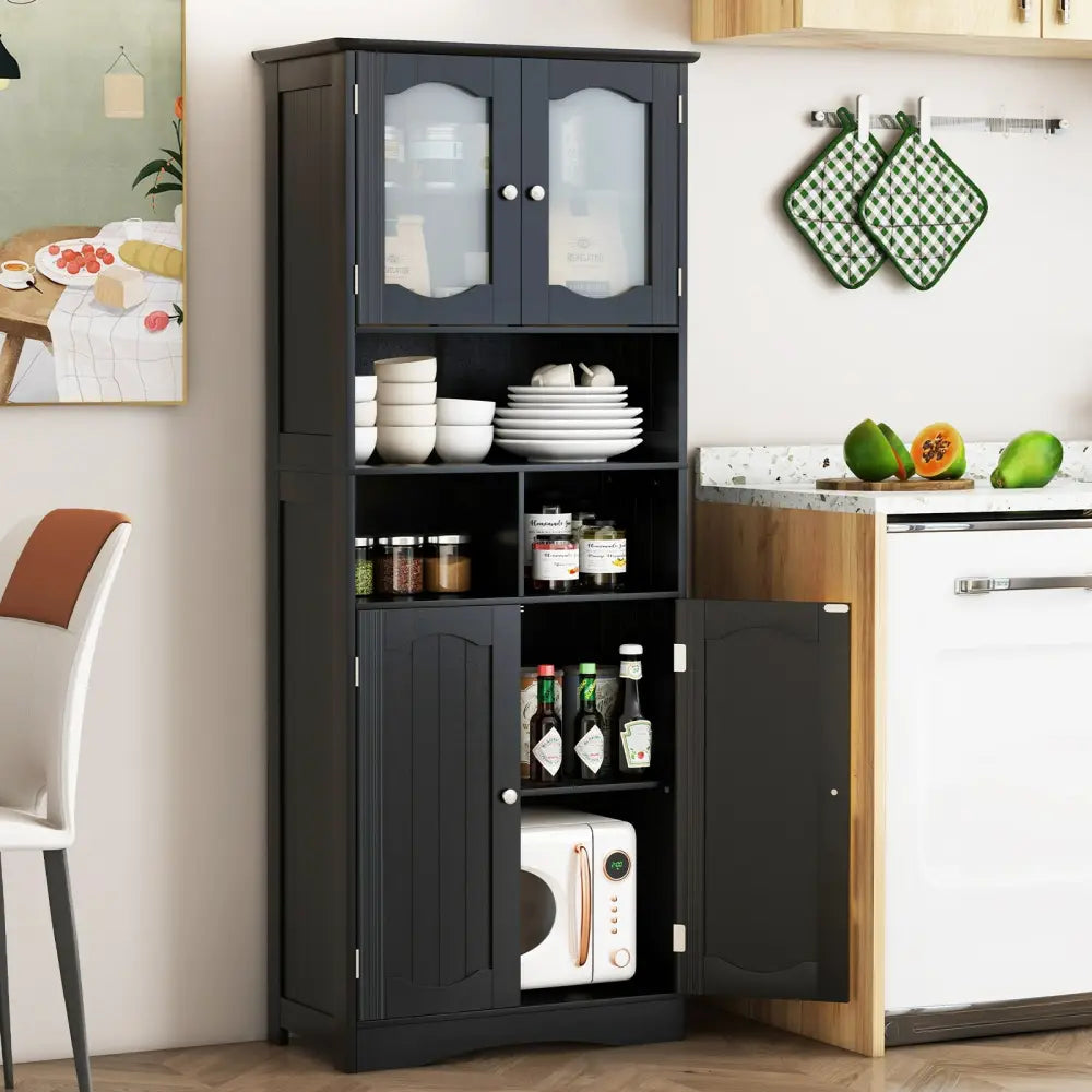 58.5 Inch Freestanding Linen Bathroom Storage Cabinet with Frost Glass Doors-Black - Black - Floor Cabinets