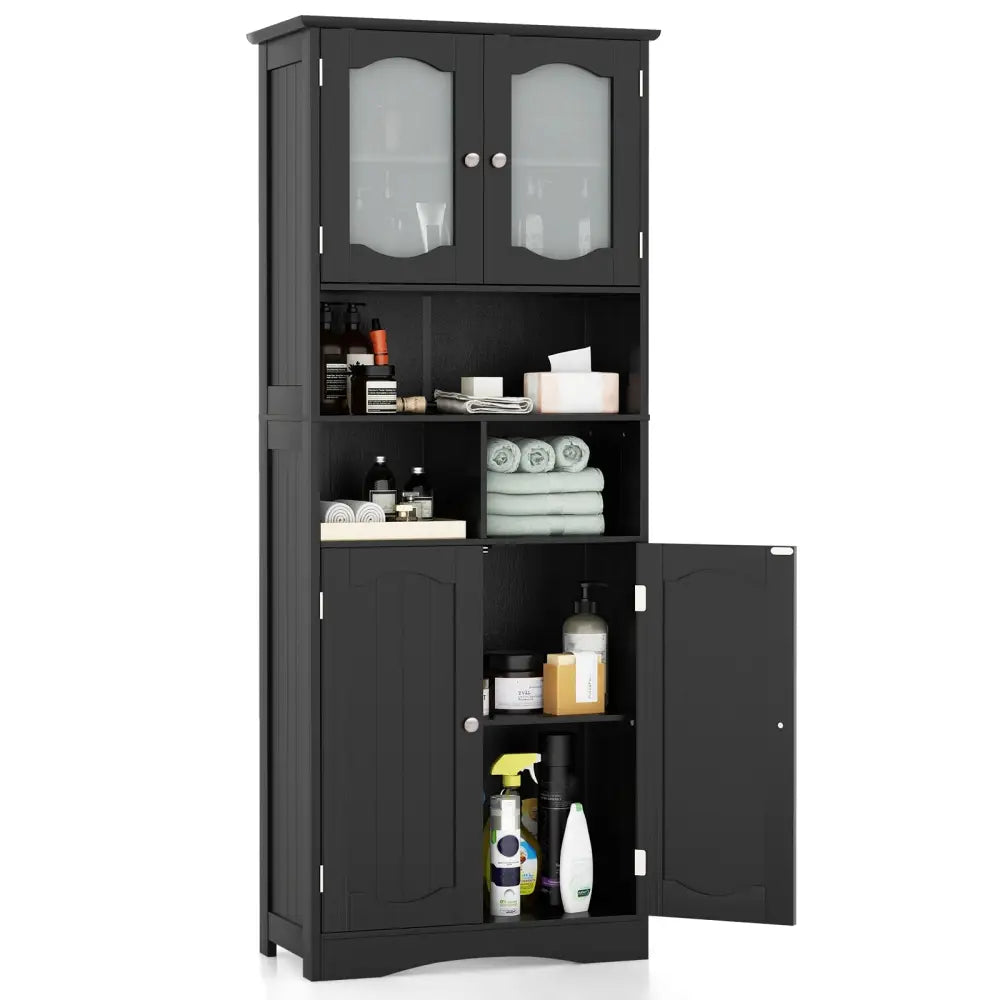 58.5 Inch Freestanding Linen Bathroom Storage Cabinet with Frost Glass Doors-Black - Black - Floor Cabinets