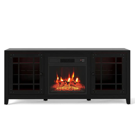 58" Fireplace TV Stand with LED Lights and 18" Electric Fireplace-Black Costway