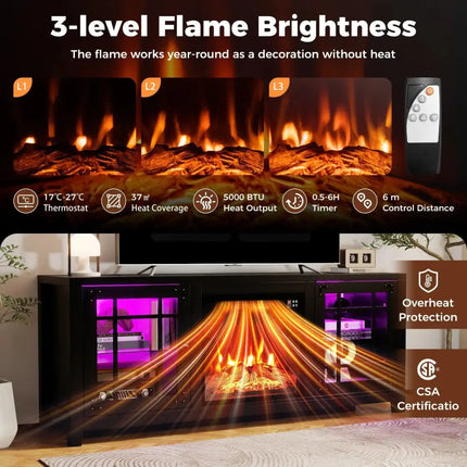 58" Fireplace TV Stand with LED Lights and 18" Electric Fireplace-Black Costway