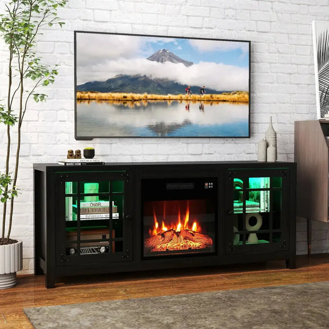 58" Fireplace TV Stand with LED Lights and 18" Electric Fireplace-Black Costway