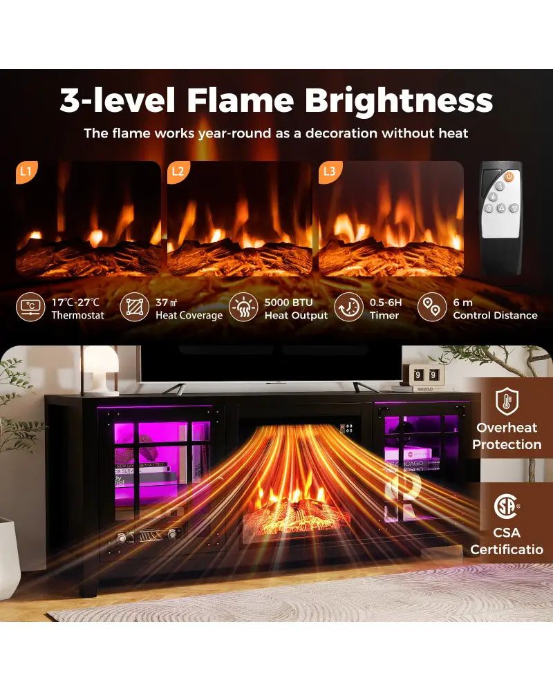 58’’ Fireplace TV Stand with LED Lights and 18’’ Electric Fireplace-Black - Black - Fireplaces