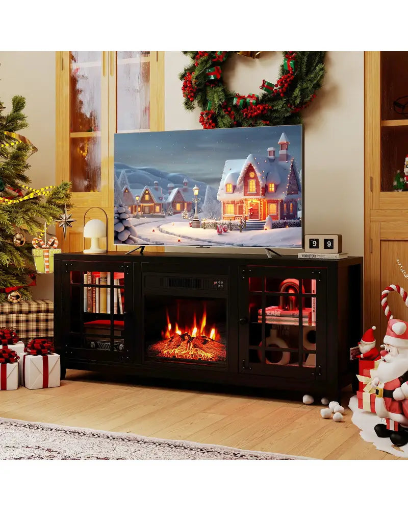 58’’ Fireplace TV Stand with LED Lights and 18’’ Electric Fireplace-Black - Black - Fireplaces