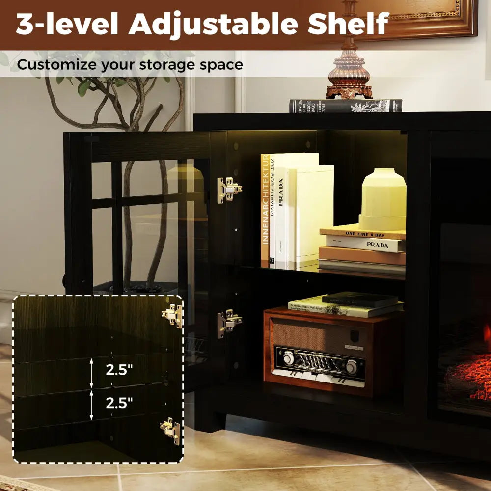 58’’ Fireplace TV Stand with LED Lights and 18’’ Electric Fireplace-Black - Black - Fireplaces