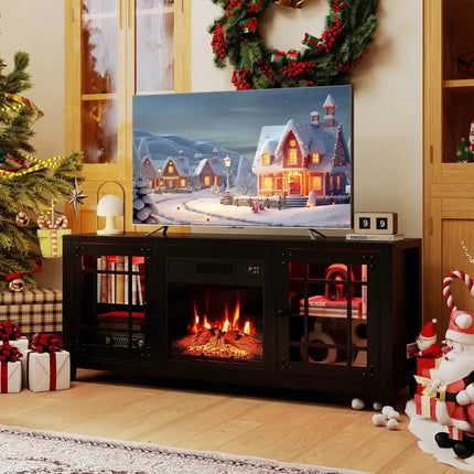 58" Fireplace TV Stand with LED Lights and 18" Electric Fireplace-Black Costway