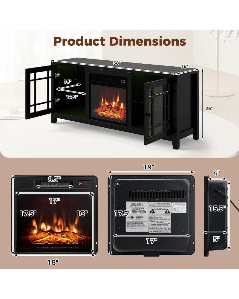 58’’ Fireplace TV Stand with LED Lights and 18’’ Electric Fireplace-Black - Black - Fireplaces