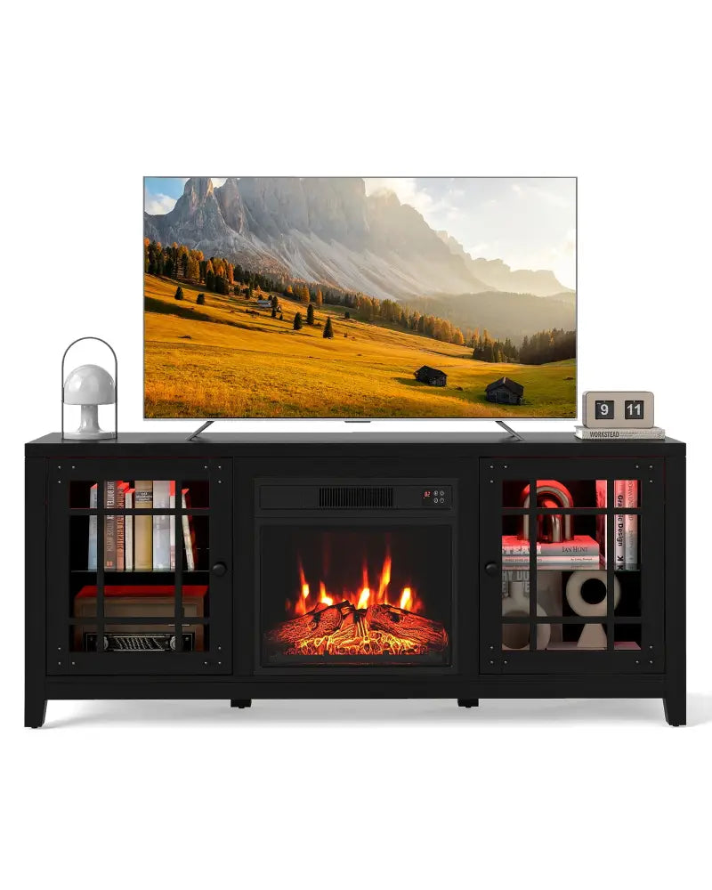 58’’ Fireplace TV Stand with LED Lights and 18’’ Electric Fireplace-Black - Black - Fireplaces