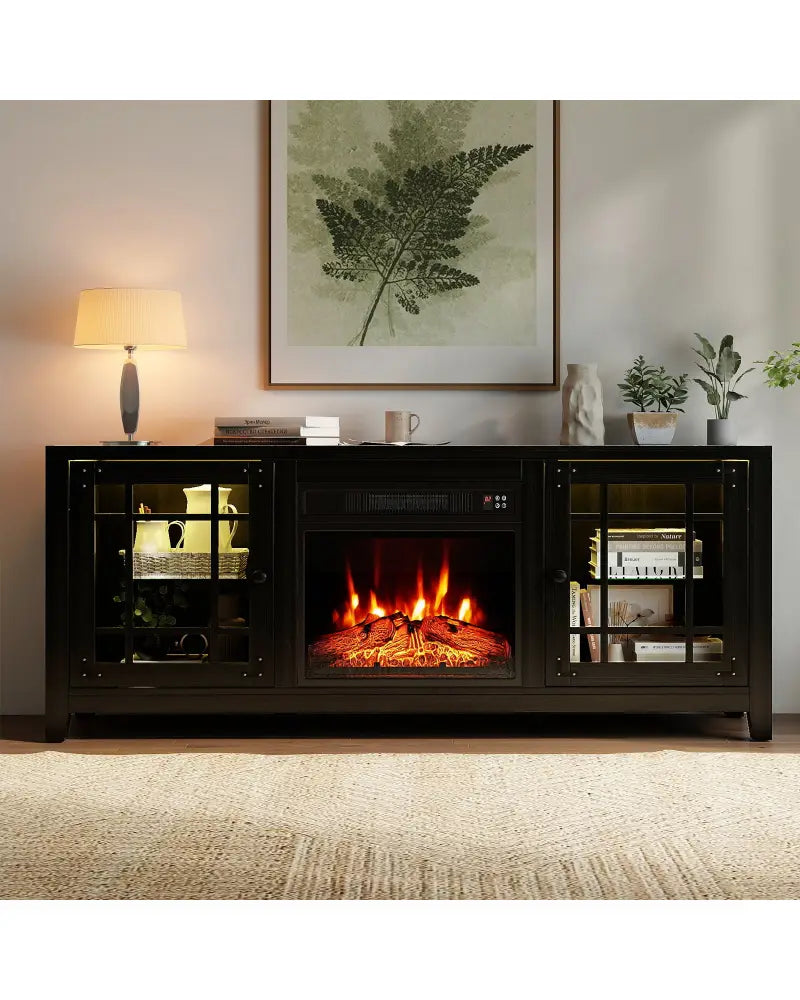 58’’ Fireplace TV Stand with LED Lights and 18’’ Electric Fireplace-Black - Black - Fireplaces
