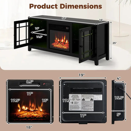 58" Fireplace TV Stand with LED Lights and 18" Electric Fireplace-Black Costway