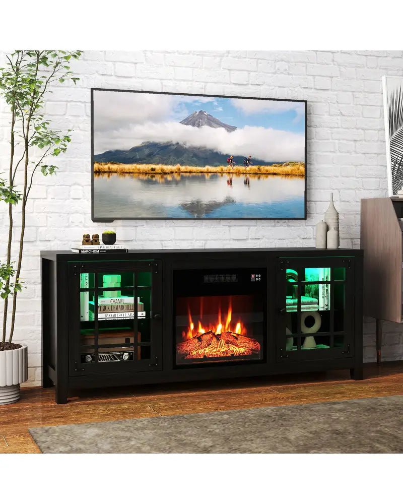 58’’ Fireplace TV Stand with LED Lights and 18’’ Electric Fireplace-Black - Black - Fireplaces