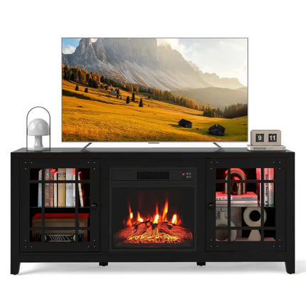 58" Fireplace TV Stand with LED Lights and 18" Electric Fireplace-Black Costway