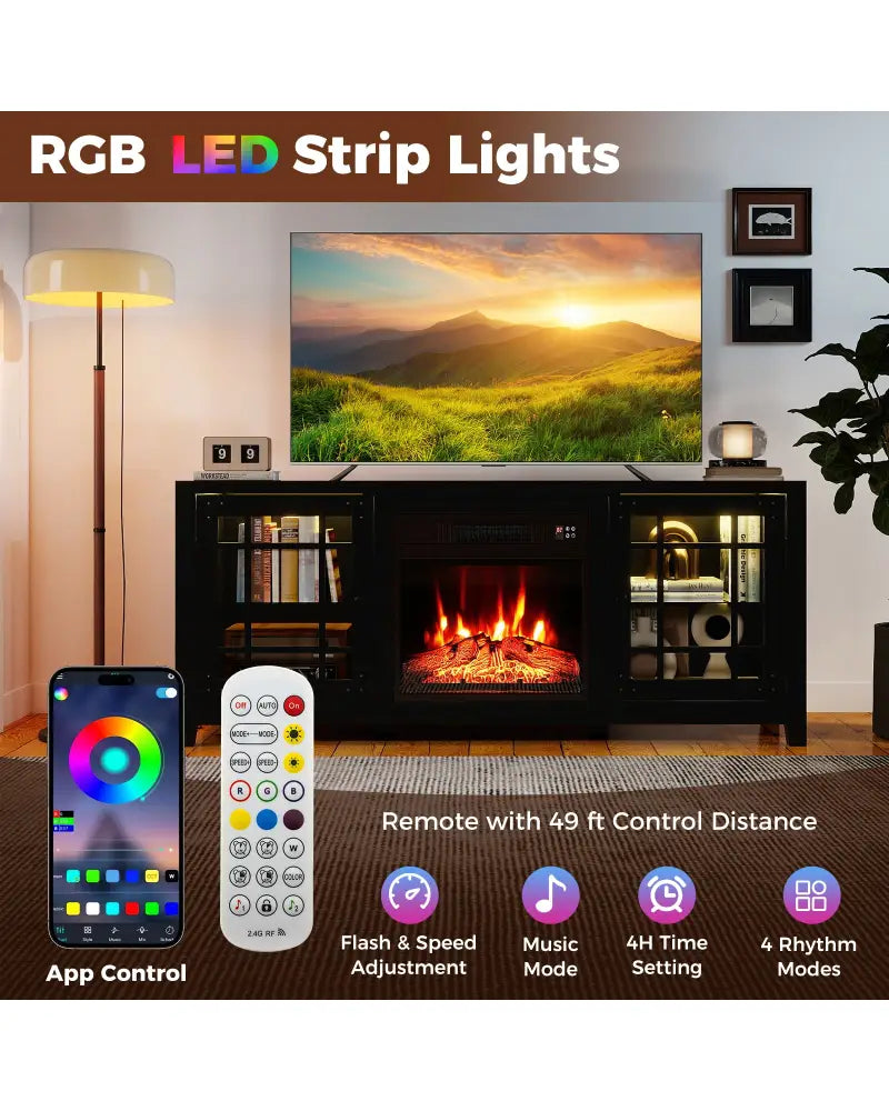 58’’ Fireplace TV Stand with LED Lights and 18’’ Electric Fireplace-Black - Black - Fireplaces