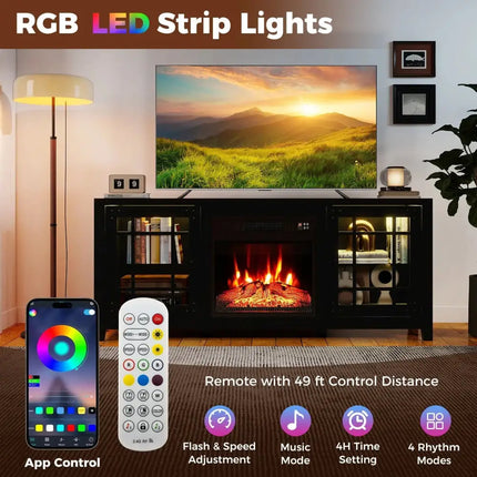 58" Fireplace TV Stand with LED Lights and 18" Electric Fireplace-Black Costway