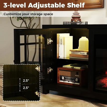 58" Fireplace TV Stand with LED Lights and 18" Electric Fireplace-Black Costway