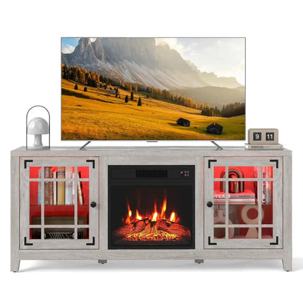 58" Fireplace TV Stand with LED Lights and 18" Electric Fireplace-Natural Costway