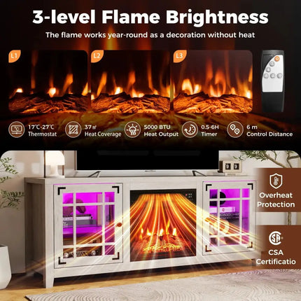 58" Fireplace TV Stand with LED Lights and 18" Electric Fireplace-Natural Costway