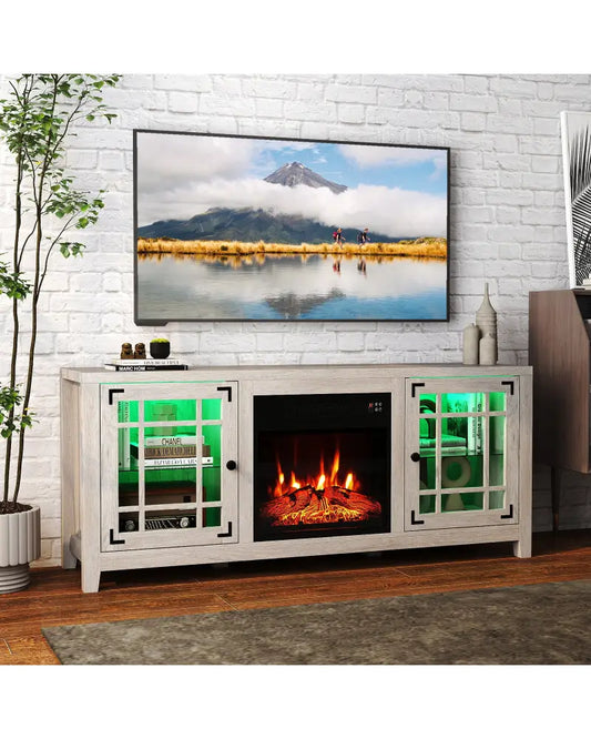 58’’ Fireplace TV Stand with LED Lights and 18’’ Electric Fireplace-Natural - Natural - Fireplaces