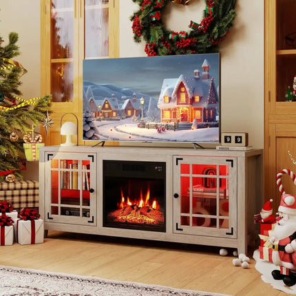 58" Fireplace TV Stand with LED Lights and 18" Electric Fireplace-Natural Costway