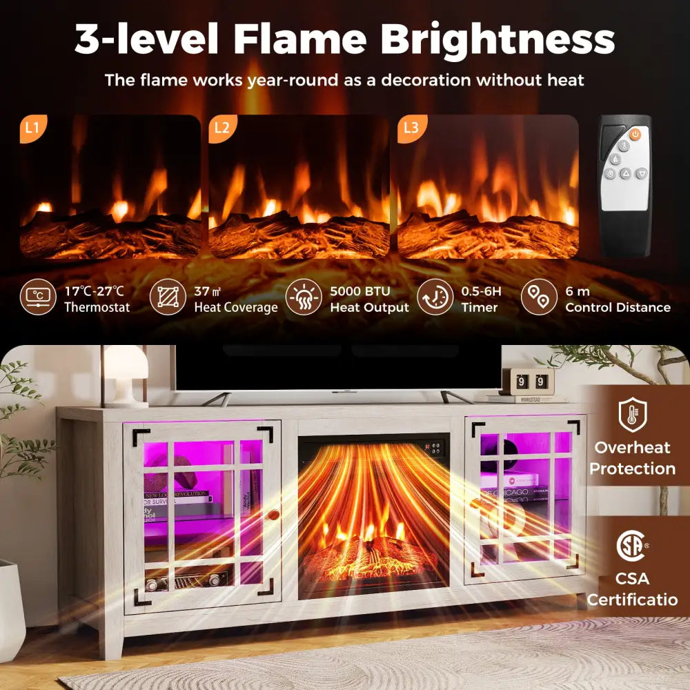 58’’ Fireplace TV Stand with LED Lights and 18’’ Electric Fireplace-Natural - Natural - Fireplaces