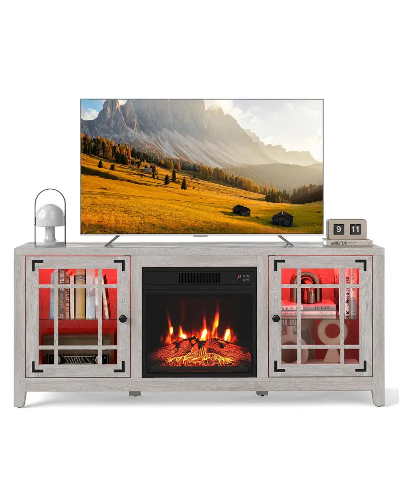 58’’ Fireplace TV Stand with LED Lights and 18’’ Electric Fireplace-Natural - Natural - Fireplaces